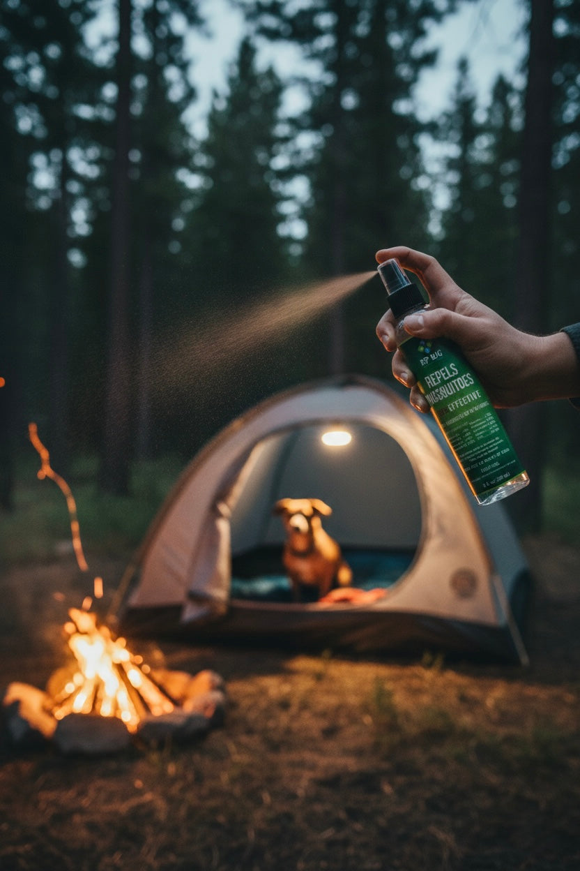 Rip Bug Mosquito Repellent Spray being applied outdoors at a campsite