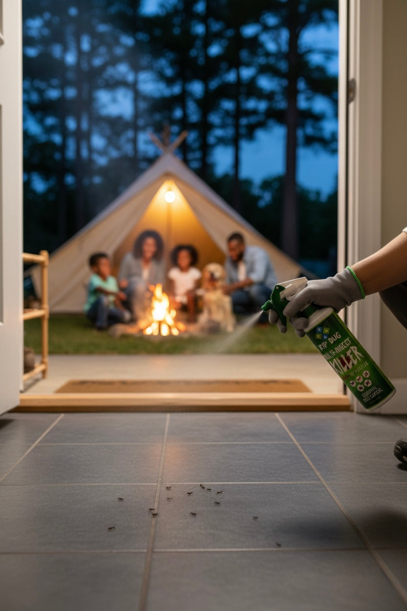Rip Bug Multi-Insect Spray being applied along an entryway threshold