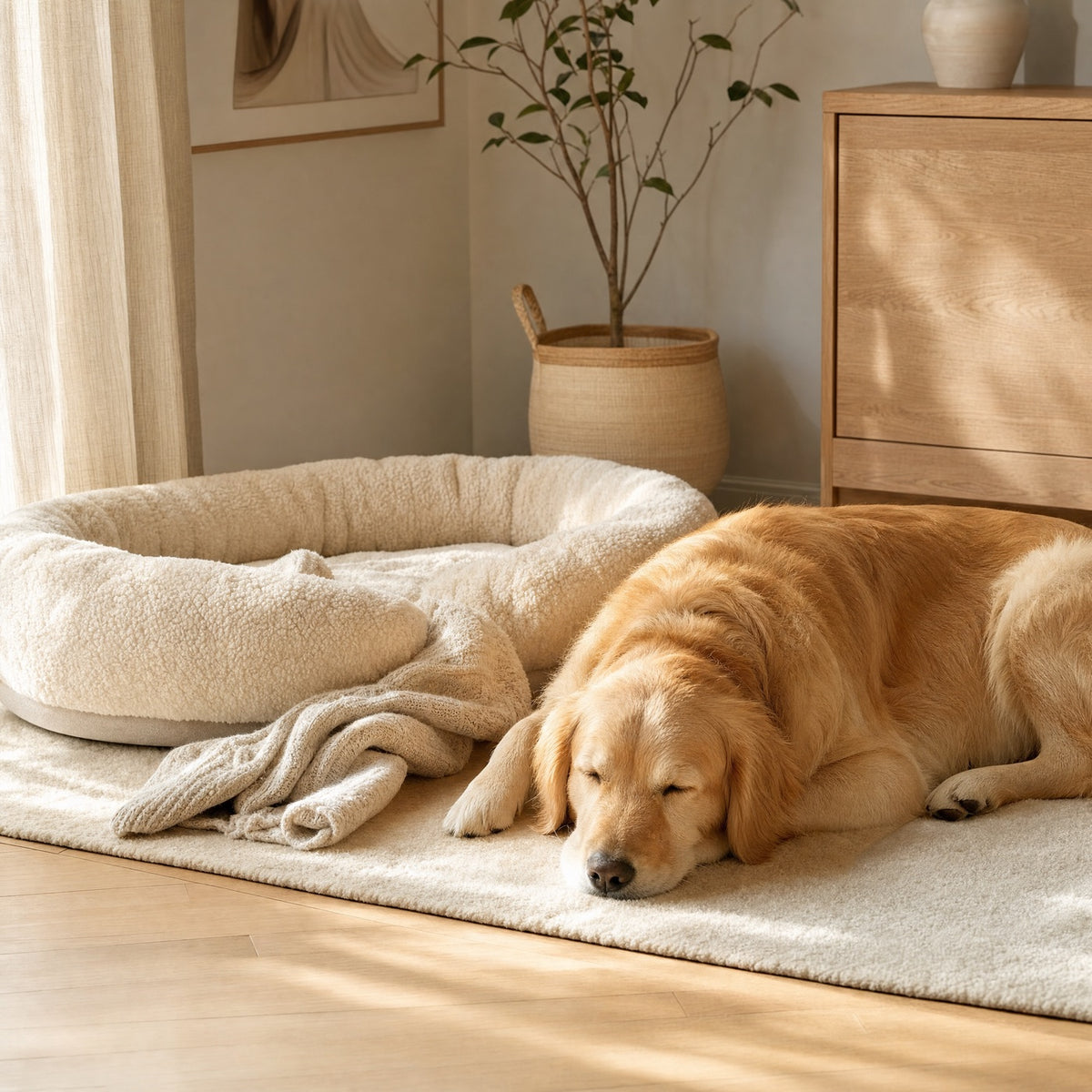 A dog resting on a pale rug beside a cream dog bed in a sunlit living room