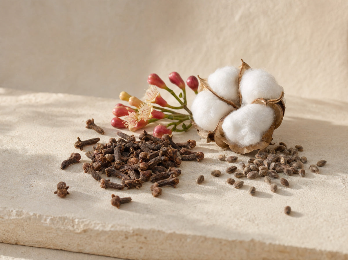 Clove buds and cotton bolls with cottonseeds on a stone slab